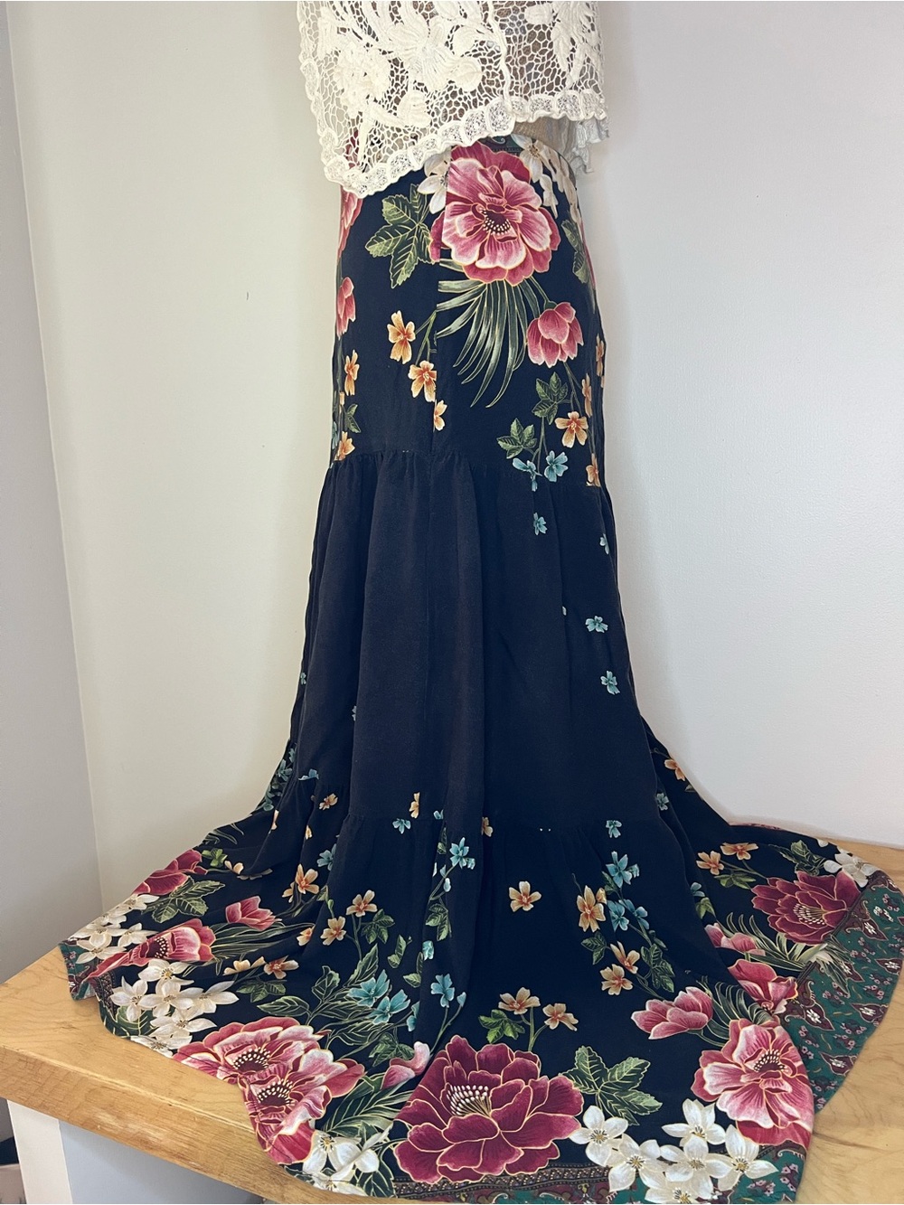 Farm Rio Floral on Black Drop Waist Maxi Skirt - Picture 2 of 8